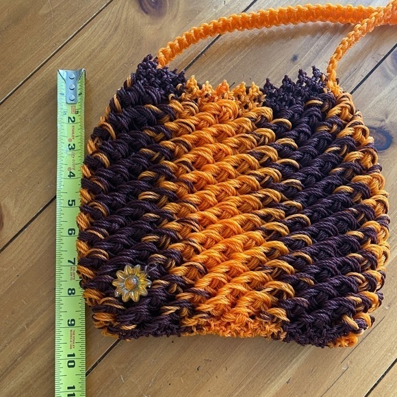 Handmade Crocheted Purse Handbag Brown/Orange with One Floral Piece Attached Vtg - Picture 10 of 11
